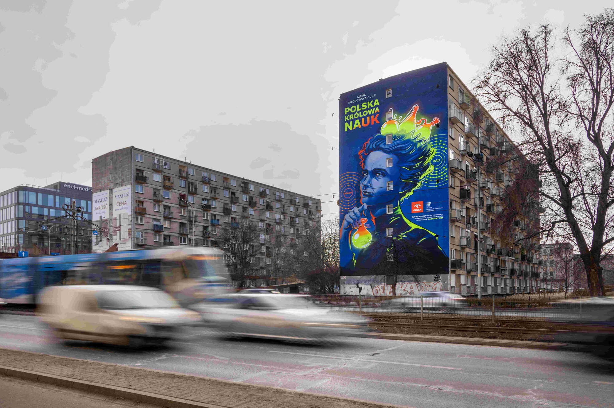 Fluorescent mural of Maria Skłodowska-Curie