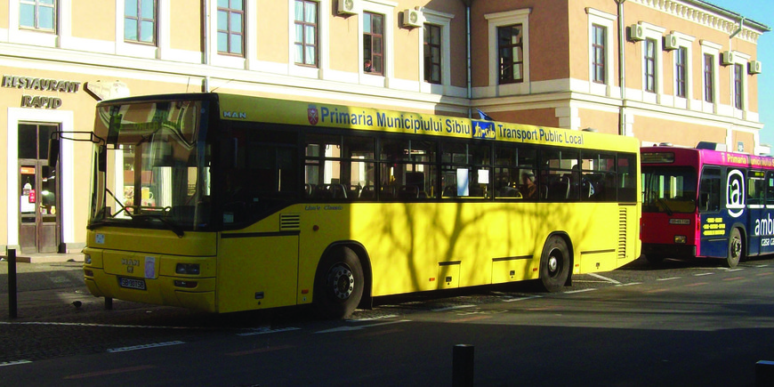 A bus outside Sibiu railway station