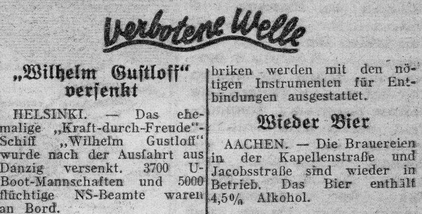 Excerpt from Feldpost, 1945, reporting the sinking of the Wilhelm Gutloff