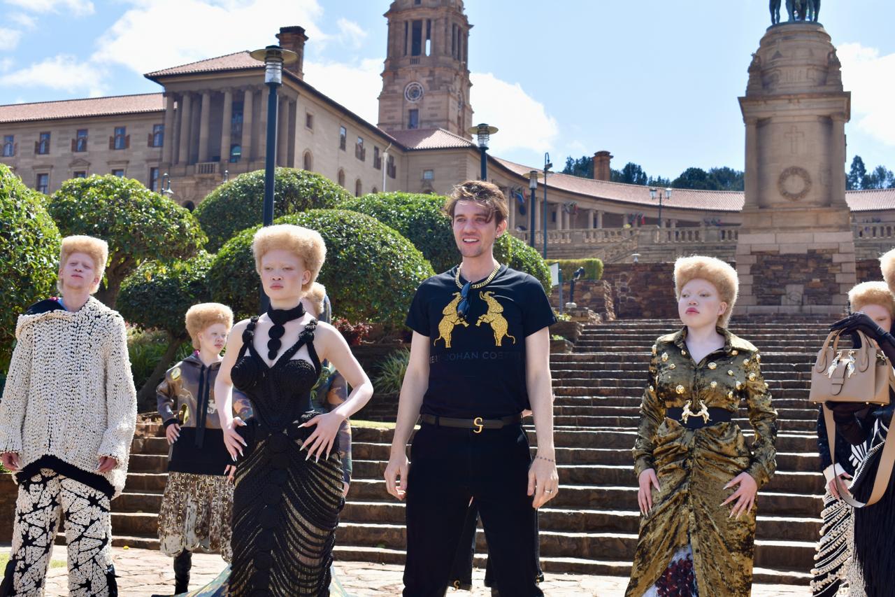 Fashion designer Gert-Johan Coetzee and members of the dance troupe A-Squad on location at the Union Buildings for the SS25 photoshoot. Photo: Ruvesen Naidoo.