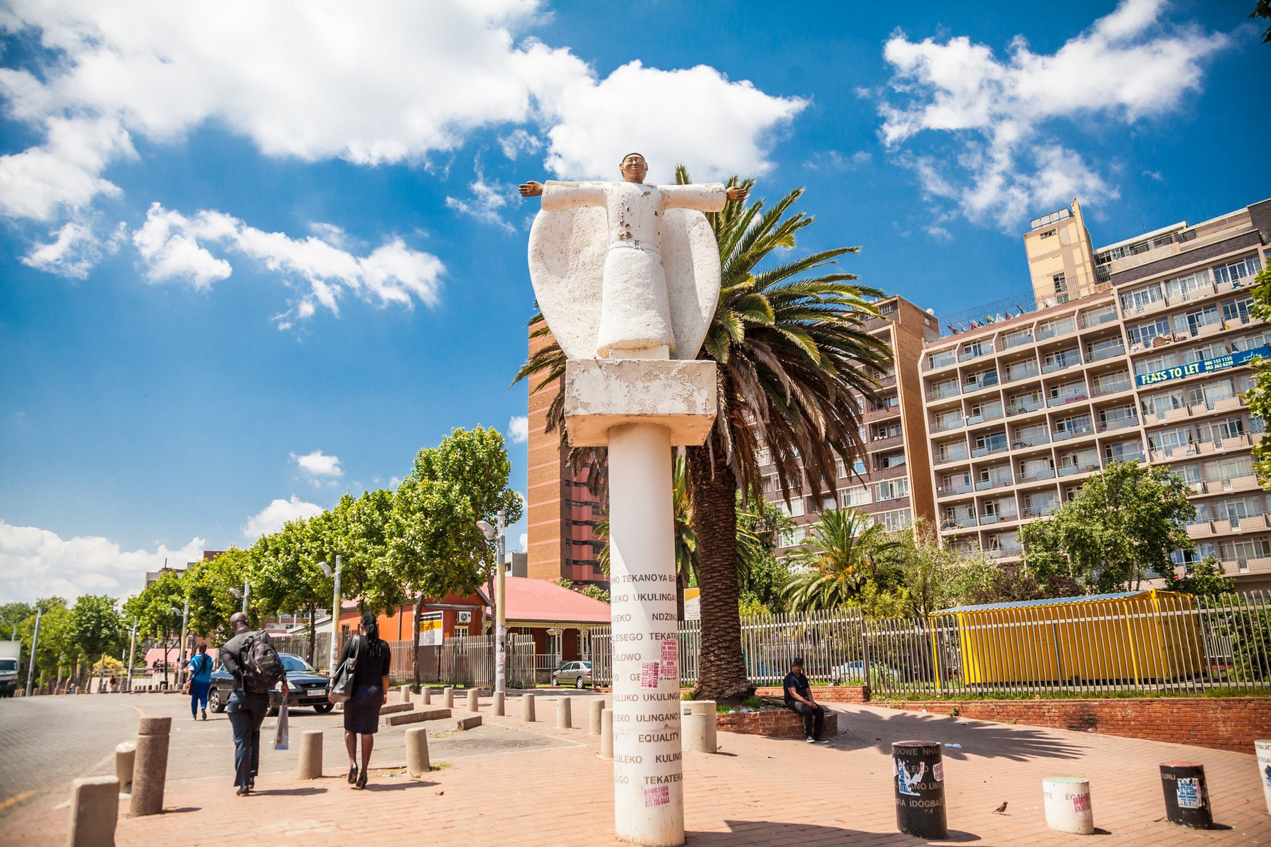 The five-metre-tall Angel of the North welcomes all to Hillbrow from her plinth near Constitution Hill.