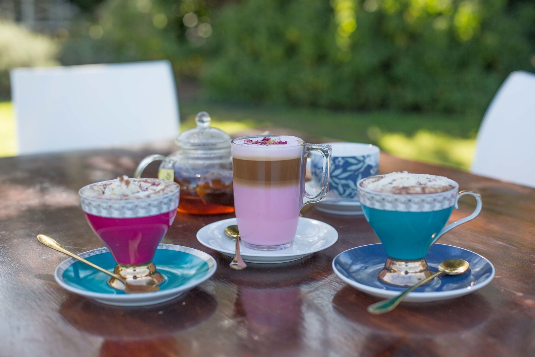 Rose latte and Belgian hot chocolate at Herb Café. Photo: Kate Liquorish.
