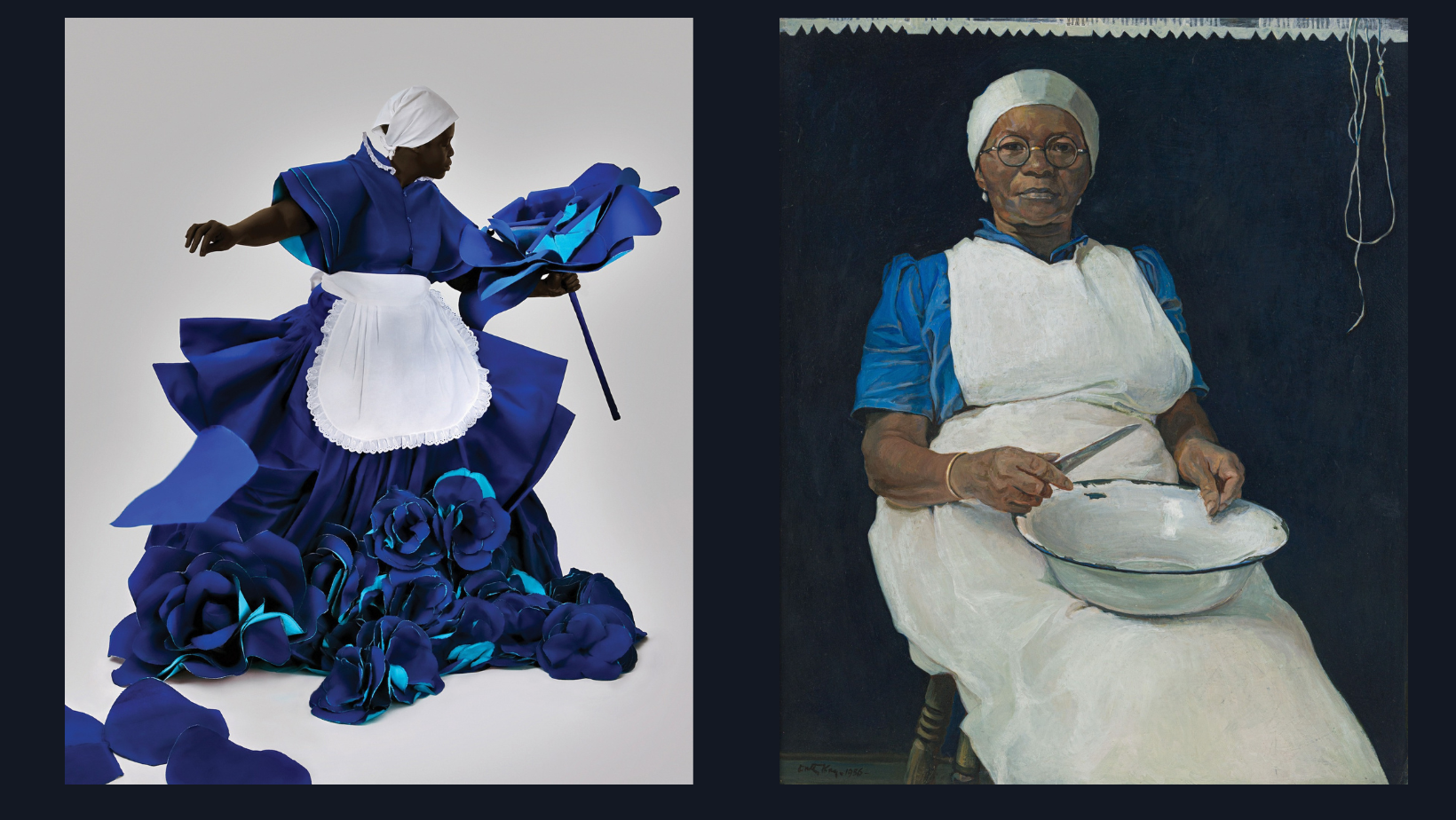 Work by Mary Sibande (left) and Dorothy Kay (right)