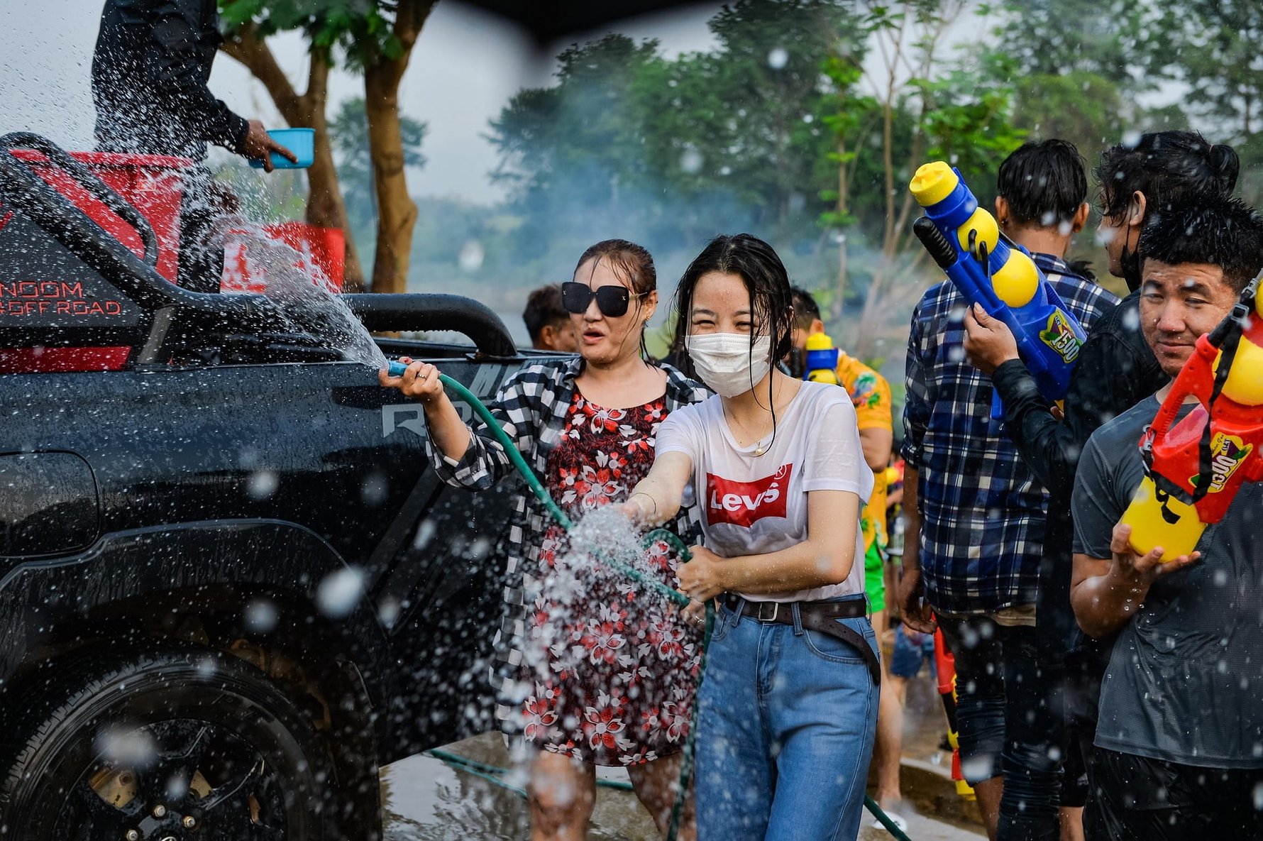 Water fight in a street in Thailand during the annual Songkran festival